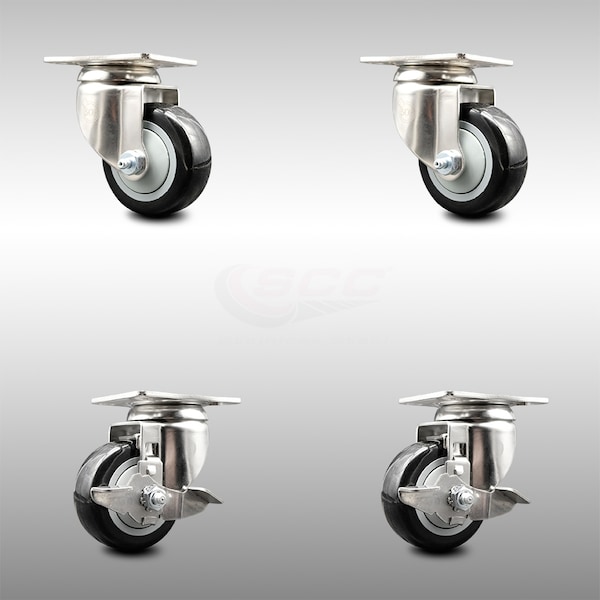 Service Caster 3 Inch 316SS Black Polyurethane Wheel Swivel Top Plate Caster Brakes SCC, 2PK SCC-SS31620S314-PPUB-BLK-2-TLB-2 - main